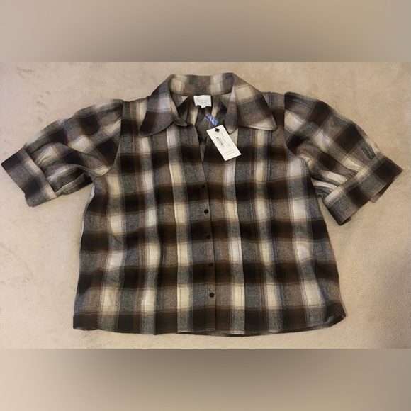 Sundays by Wearsundays Coco Plaid Camp Shirt Size L Brown Beige Short Sleeve NWT